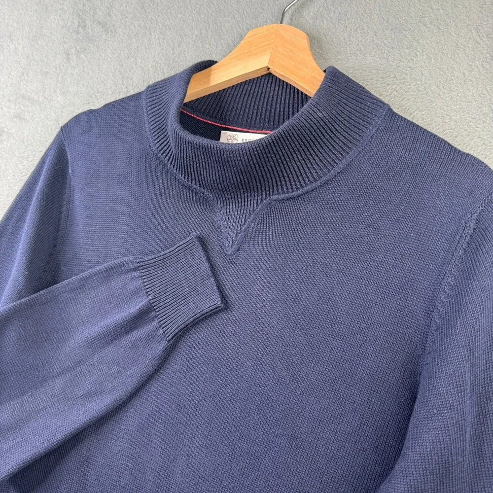 Brunello Cucinelli Mens Navy Blue 100% Cotton Mock Neck Sweater Small Thick